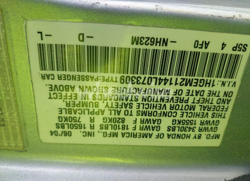 Photo 9 of 2004 Honda Civic VP (VIN 1HGEM21144L073309)