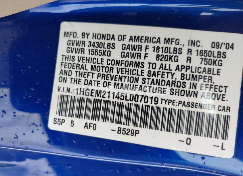 Photo 9 of 2005 Honda Civic VP (VIN 1HGEM21145L007019)