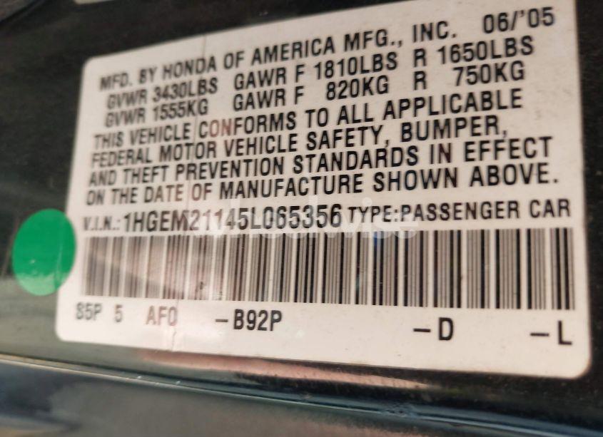 Photo 9 of 2005 Honda Civic VP (VIN 1HGEM21145L065356)