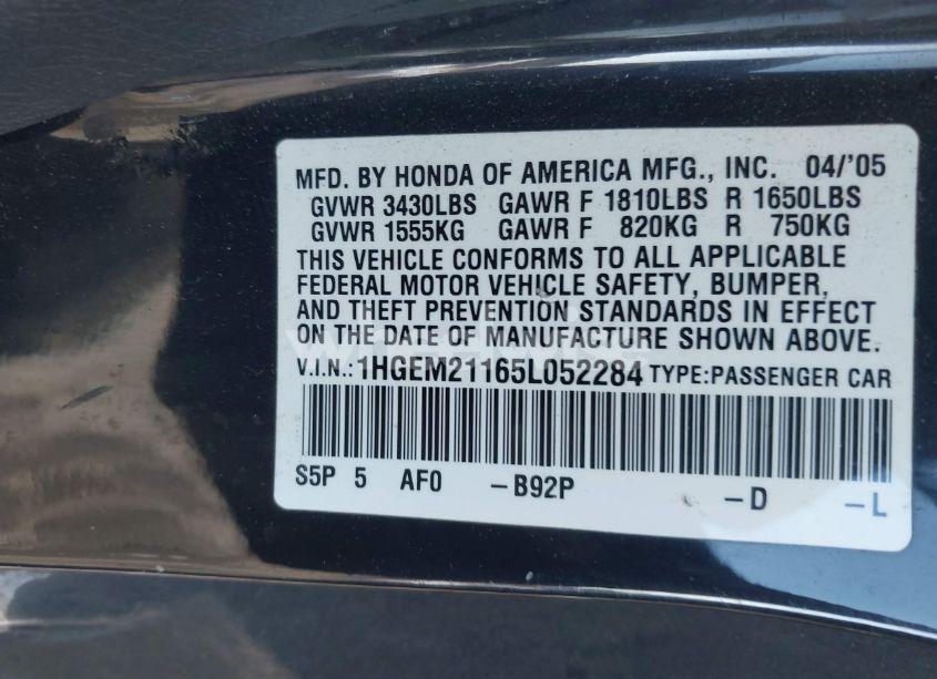 Photo 9 of 2005 Honda Civic VP (VIN 1HGEM21165L052284)