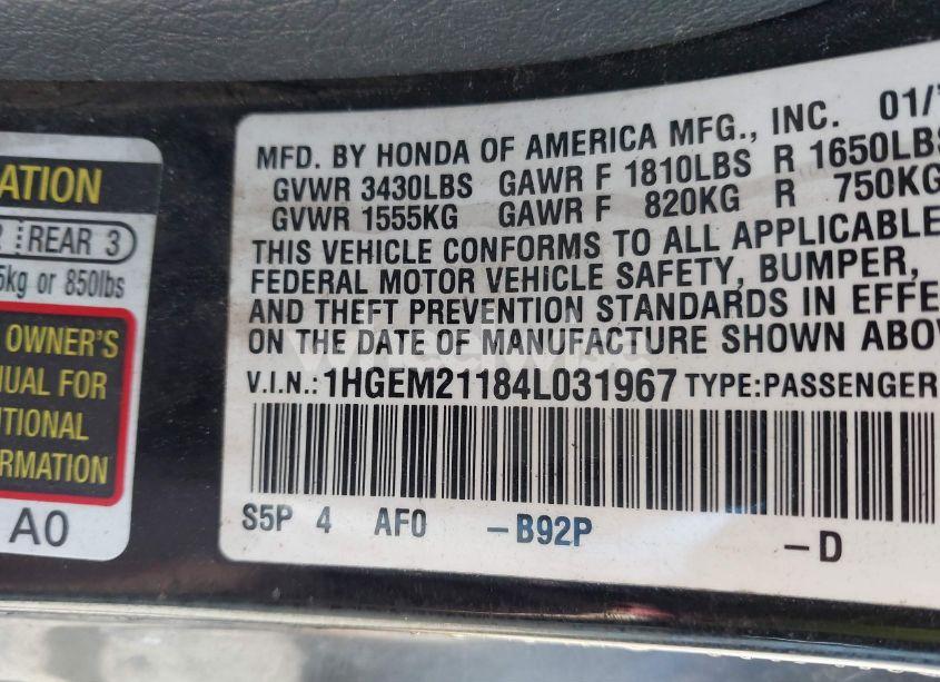 Photo 9 of 2004 Honda Civic VP (VIN 1HGEM21184L031967)