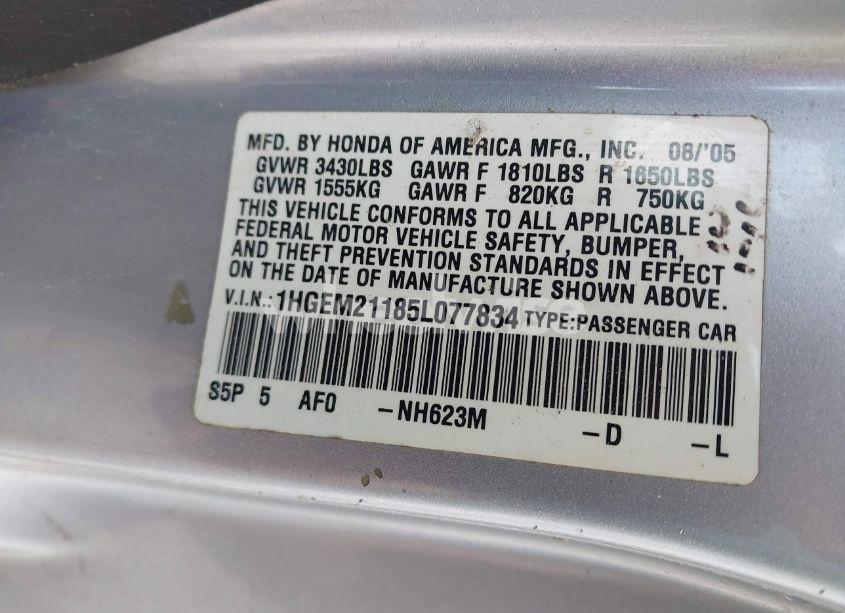 Photo 9 of 2005 Honda Civic VP (VIN 1HGEM21185L077834)