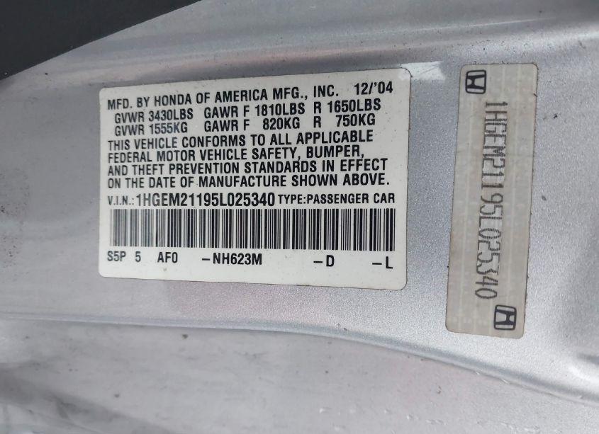 Photo 9 of 2005 Honda Civic VP (VIN 1HGEM21195L025340)