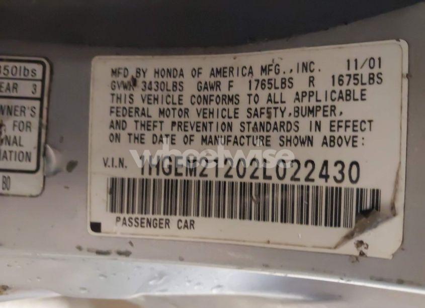 Photo 9 of 2002 Honda Civic DX (VIN 1HGEM21202L022430)