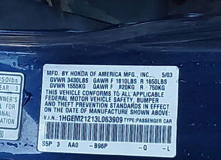 Photo 9 of 2003 Honda Civic DX (VIN 1HGEM21213L063909)