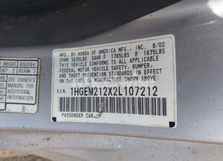 Photo 9 of 2002 Honda Civic DX (VIN 1HGEM212X2L107212)