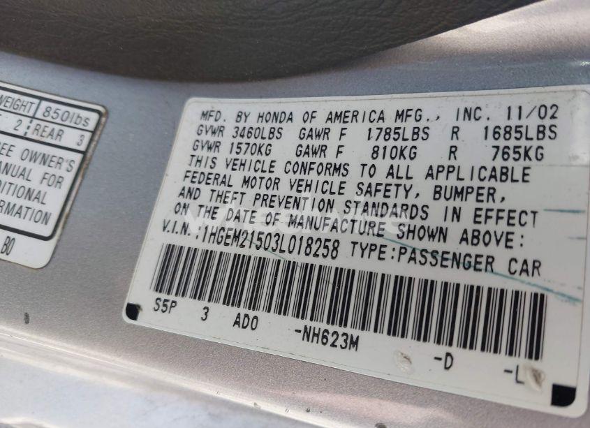 Photo 9 of 2003 Honda Civic LX (VIN 1HGEM21503L018258)