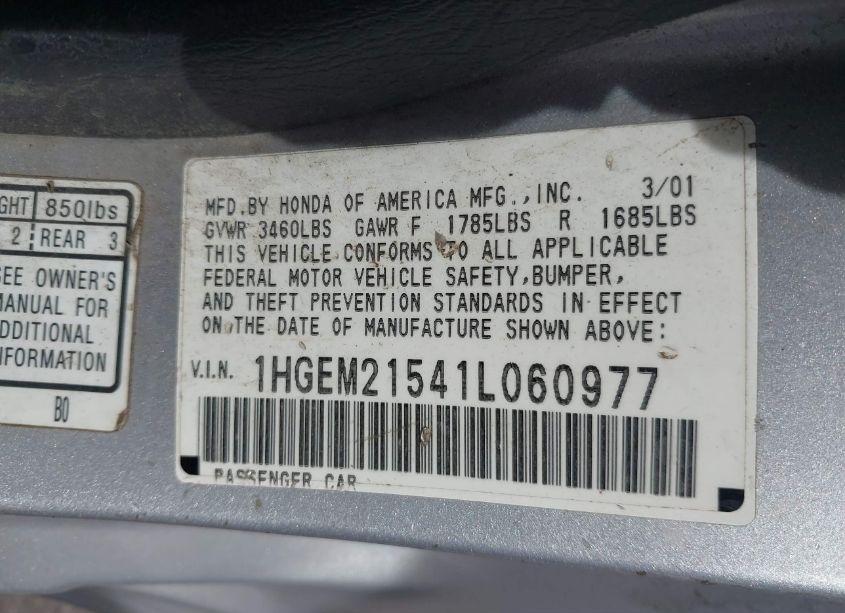 Photo 9 of 2001 Honda Civic LX (VIN 1HGEM21541L060977)