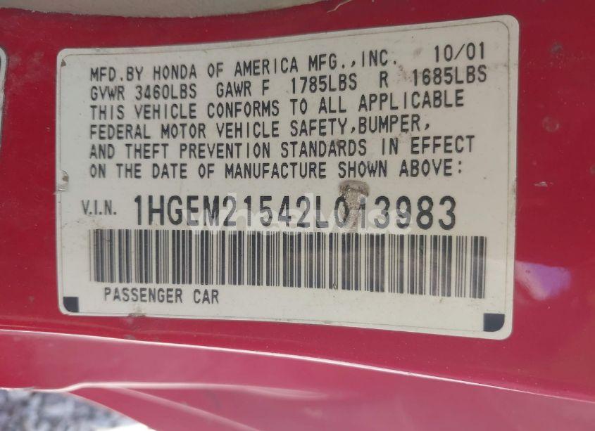 Photo 9 of 2002 Honda Civic LX (VIN 1HGEM21542L013983)