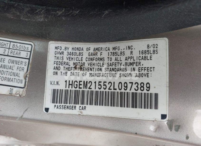 Photo 9 of 2002 Honda Civic LX (VIN 1HGEM21552L097389)