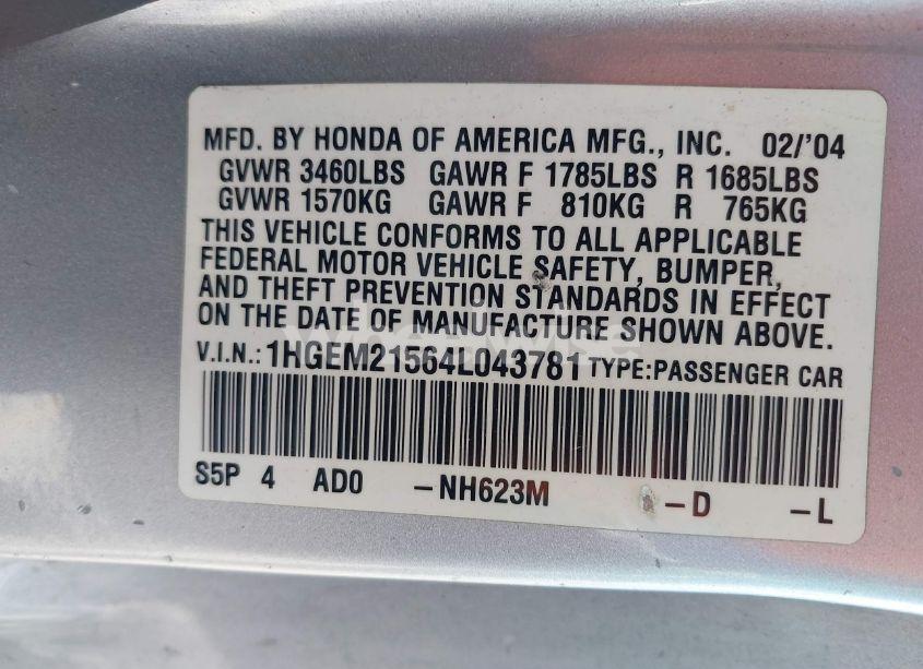 Photo 9 of 2004 Honda Civic LX (VIN 1HGEM21564L043781)