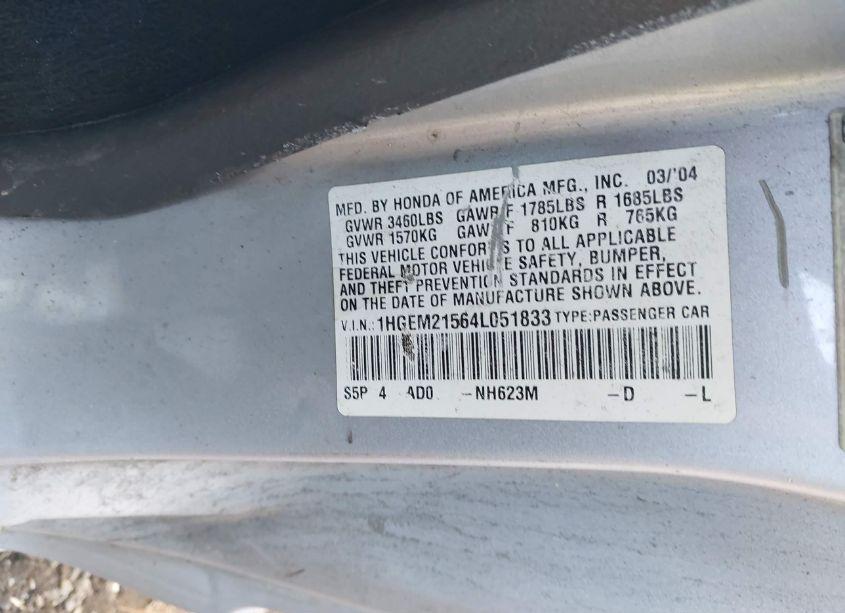 Photo 9 of 2004 Honda Civic LX (VIN 1HGEM21564L051833)