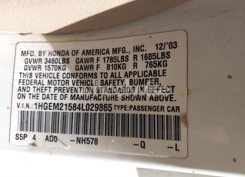 Photo 9 of 2004 Honda Civic LX (VIN 1HGEM21584L029865)