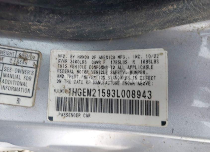 Photo 9 of 2003 Honda Civic LX (VIN 1HGEM21593L008943)