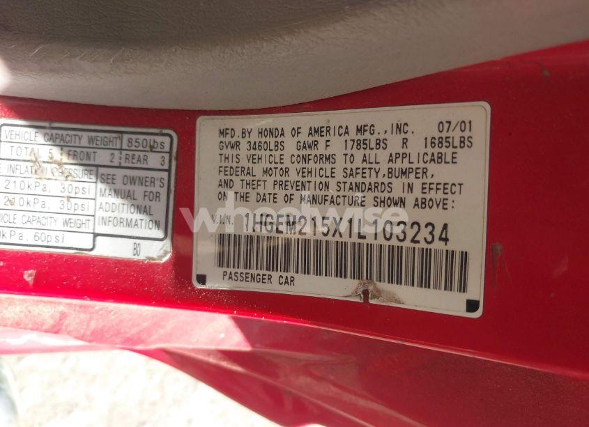 Photo 9 of 2001 Honda Civic LX (VIN 1HGEM215X1L103234)