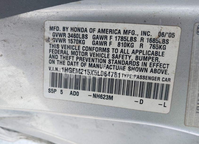 Photo 9 of 2005 Honda Civic LX (VIN 1HGEM215X5L064781)