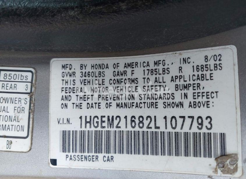 Photo 9 of 2002 Honda Civic LX (VIN 1HGEM21682L107793)