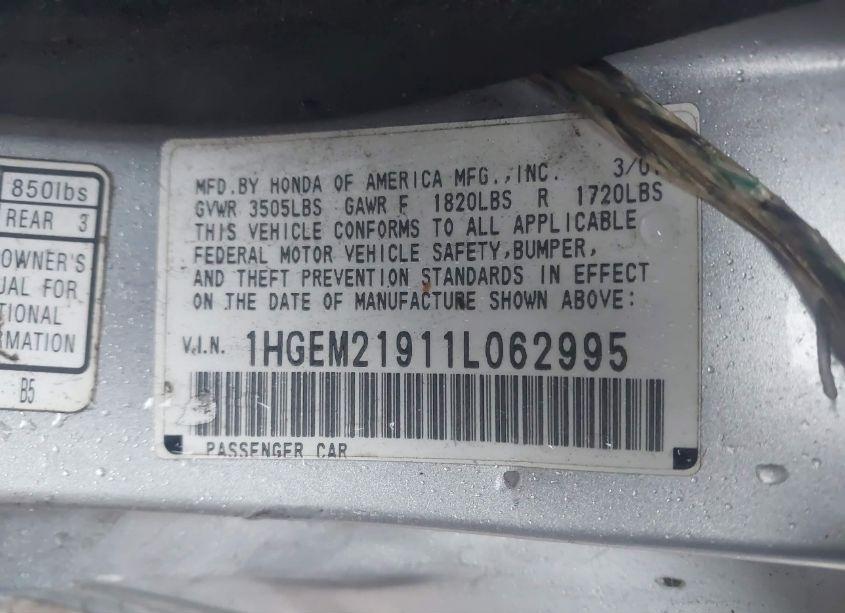 Photo 9 of 2001 Honda Civic EX (VIN 1HGEM21911L062995)