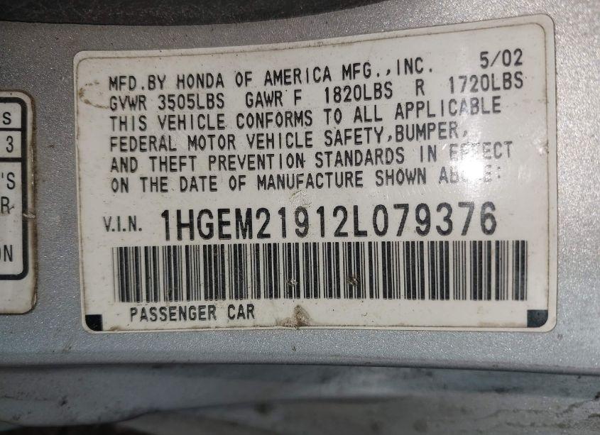 Photo 9 of 2002 Honda Civic EX (VIN 1HGEM21912L079376)