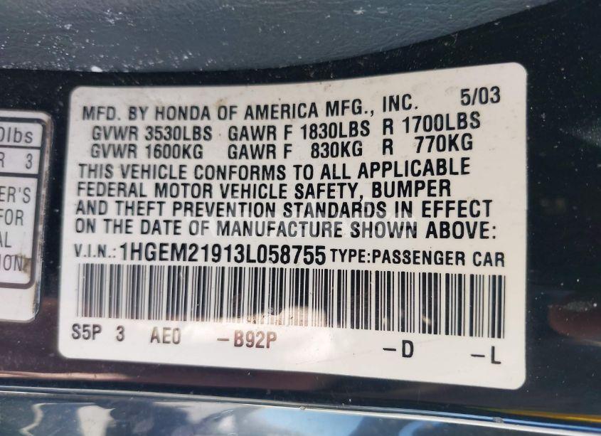 Photo 9 of 2003 Honda Civic EX (VIN 1HGEM21913L058755)