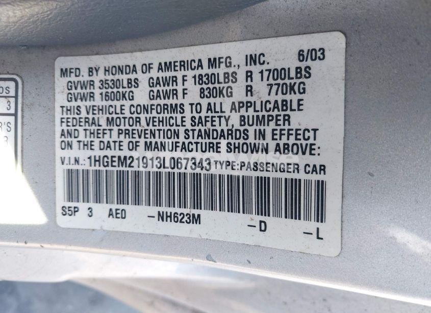 Photo 9 of 2003 Honda Civic EX (VIN 1HGEM21913L067343)