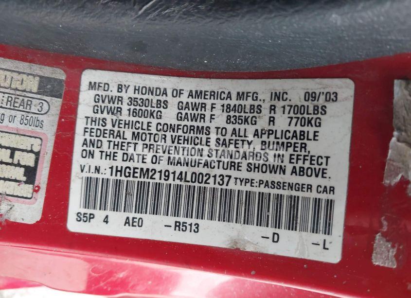 Photo 9 of 2004 Honda Civic EX (VIN 1HGEM21914L002137)