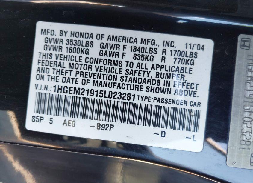 Photo 9 of 2005 Honda Civic EX (VIN 1HGEM21915L023281)
