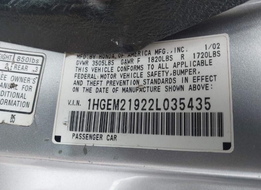 Photo 9 of 2002 Honda Civic EX (VIN 1HGEM21922L035435)