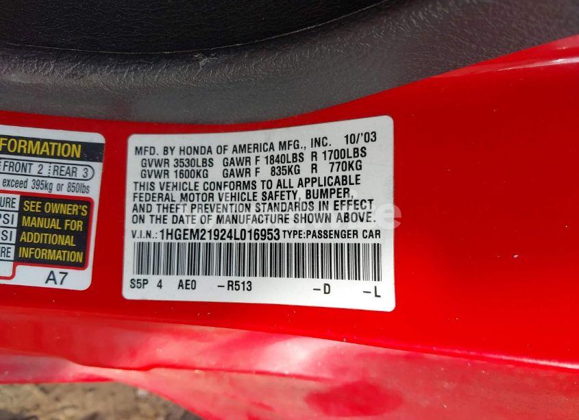 Photo 9 of 2004 Honda Civic EX (VIN 1HGEM21924L016953)