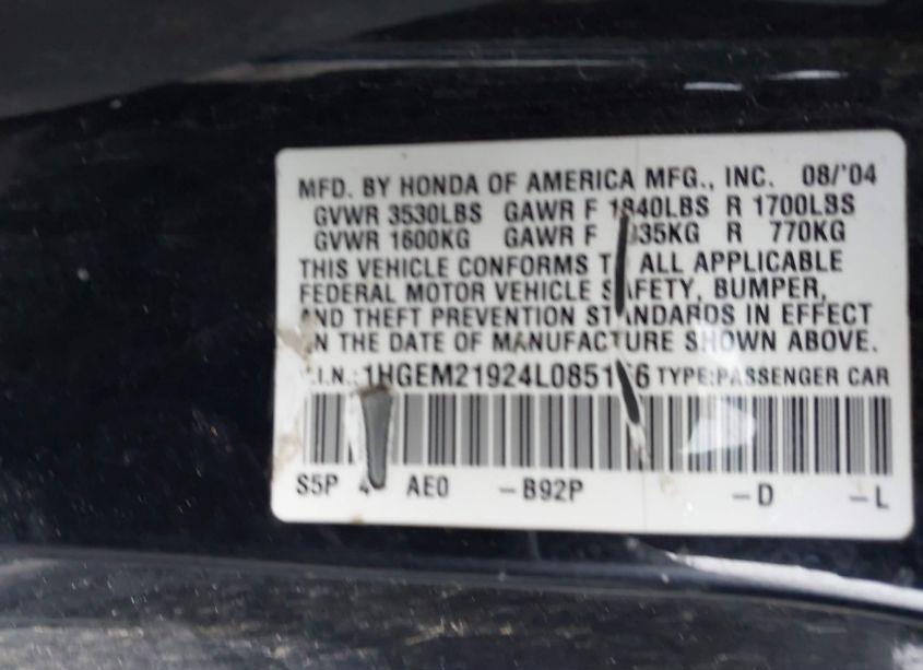 Photo 8 of 2004 Honda Civic EX (VIN 1HGEM21924L085156)