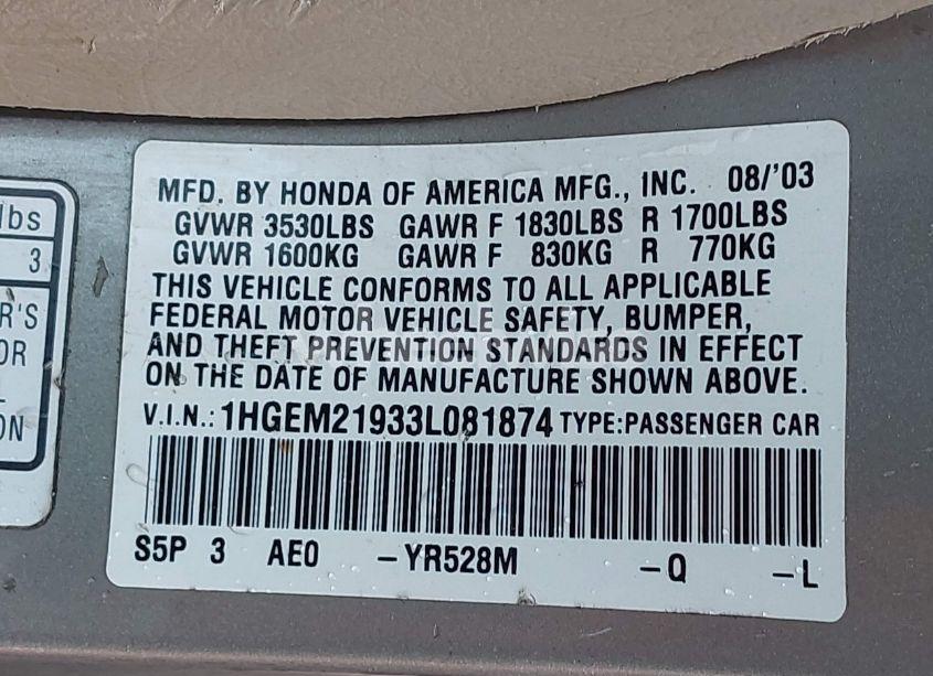 Photo 9 of 2003 Honda Civic EX (VIN 1HGEM21933L081874)