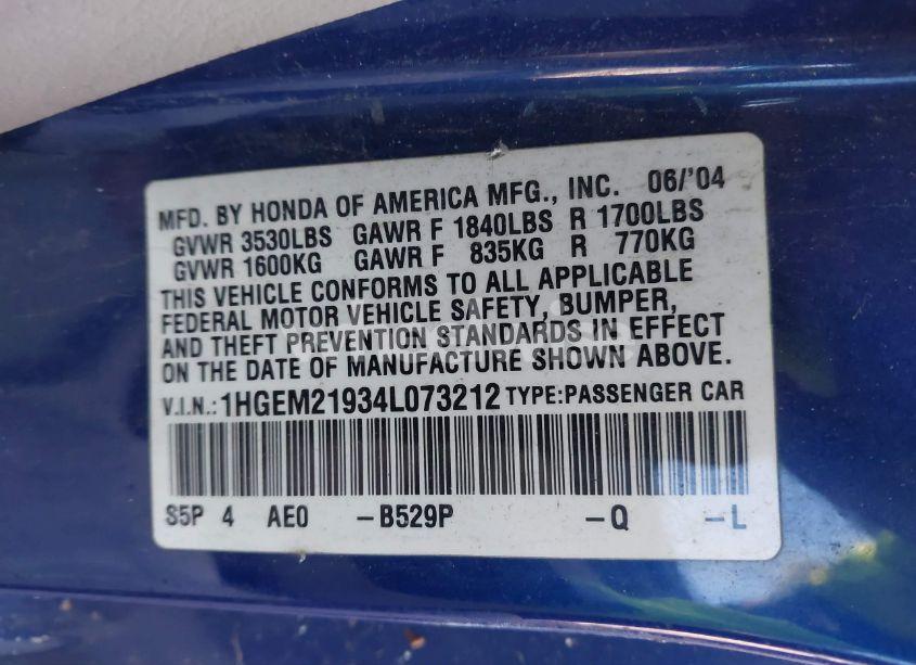 Photo 9 of 2004 Honda Civic EX (VIN 1HGEM21934L073212)