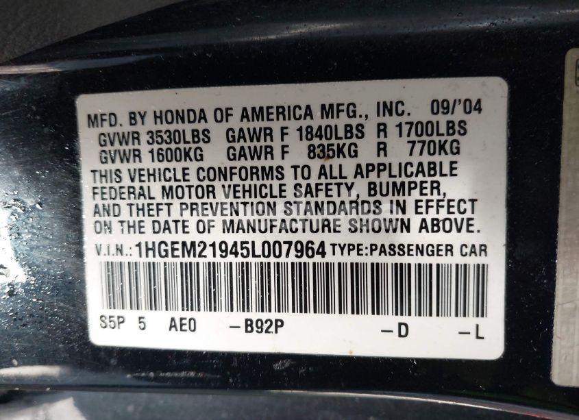 Photo 9 of 2005 Honda Civic EX (VIN 1HGEM21945L007964)