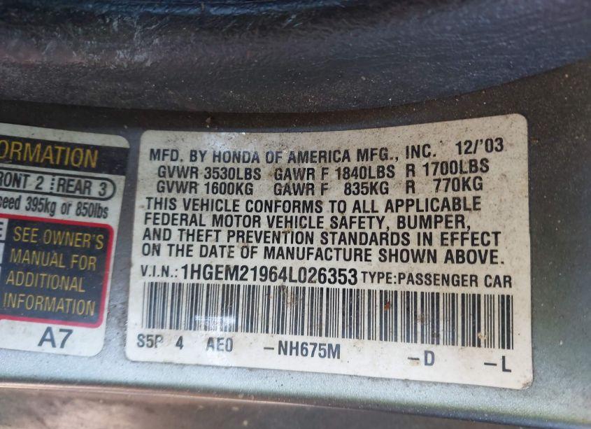 Photo 9 of 2004 Honda Civic EX (VIN 1HGEM21964L026353)