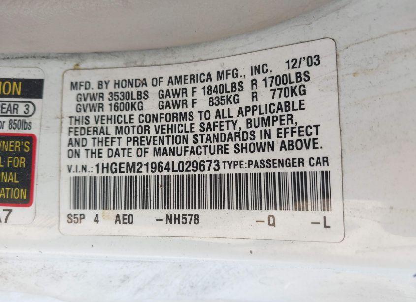 Photo 9 of 2004 Honda Civic EX (VIN 1HGEM21964L029673)