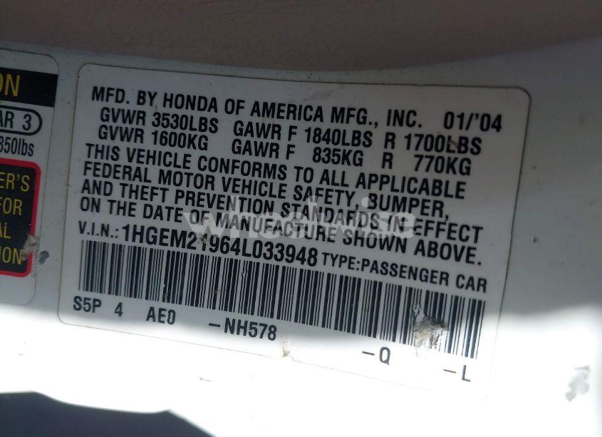 Photo 9 of 2004 Honda Civic EX (VIN 1HGEM21964L033948)