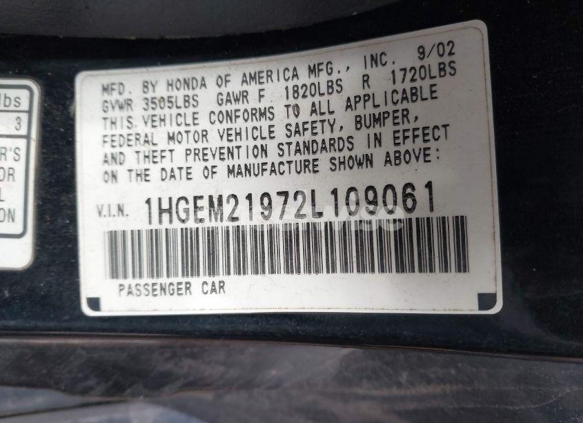 Photo 9 of 2002 Honda Civic EX (VIN 1HGEM21972L109061)
