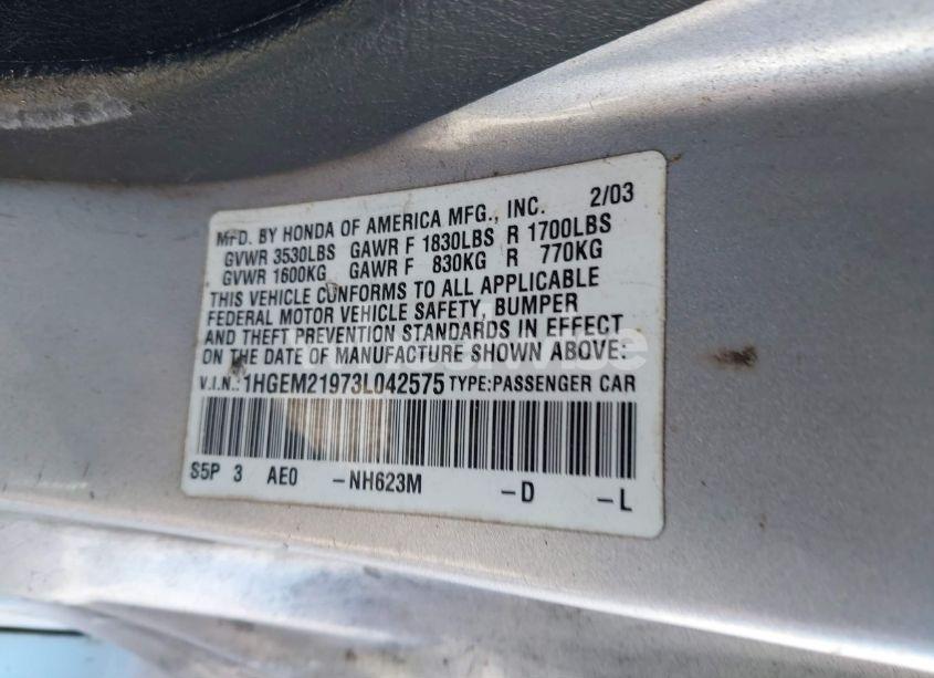 Photo 9 of 2003 Honda Civic EX (VIN 1HGEM21973L042575)