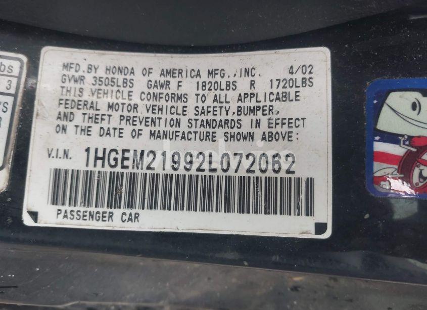 Photo 9 of 2002 Honda Civic EX (VIN 1HGEM21992L072062)