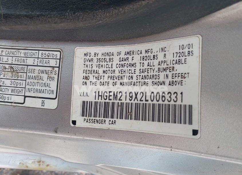 Photo 9 of 2002 Honda Civic EX (VIN 1HGEM219X2L006331)