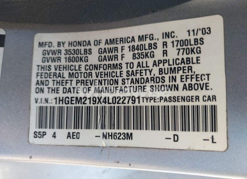 Photo 9 of 2004 Honda Civic EX (VIN 1HGEM219X4L022791)