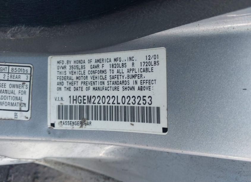 Photo 9 of 2002 Honda Civic EX (VIN 1HGEM22022L023253)