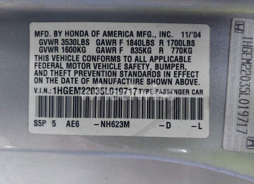 Photo 9 of 2005 Honda Civic EX (VIN 1HGEM22035L019717)