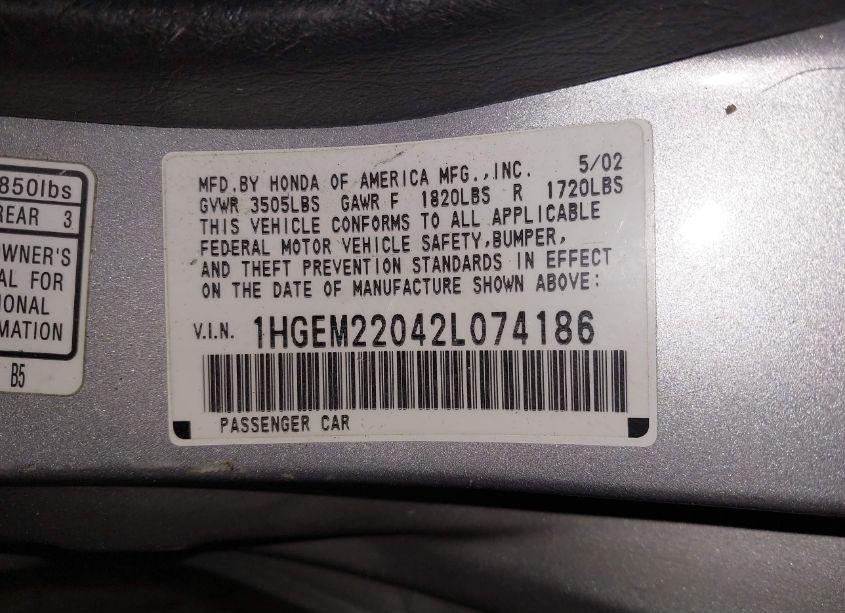 Photo 9 of 2002 Honda Civic EX (VIN 1HGEM22042L074186)