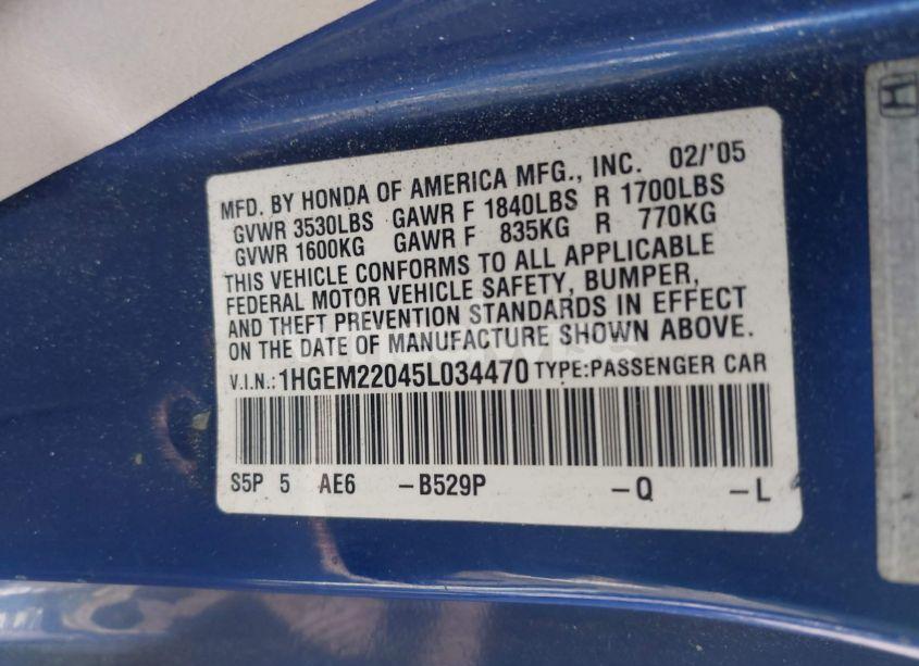 Photo 9 of 2005 Honda Civic EX (VIN 1HGEM22045L034470)