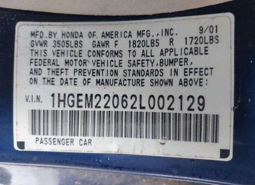 Photo 9 of 2002 Honda Civic EX (VIN 1HGEM22062L002129)