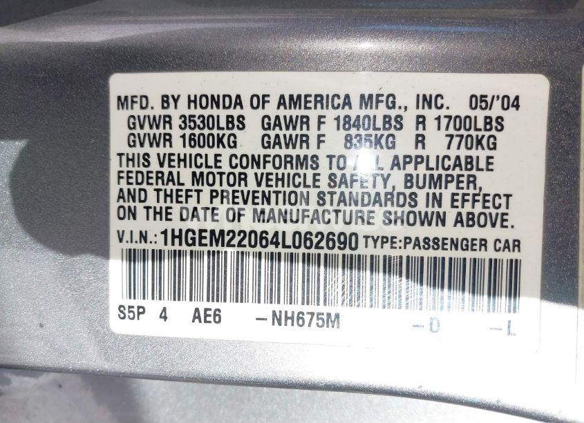 Photo 9 of 2004 Honda Civic EX (VIN 1HGEM22064L062690)