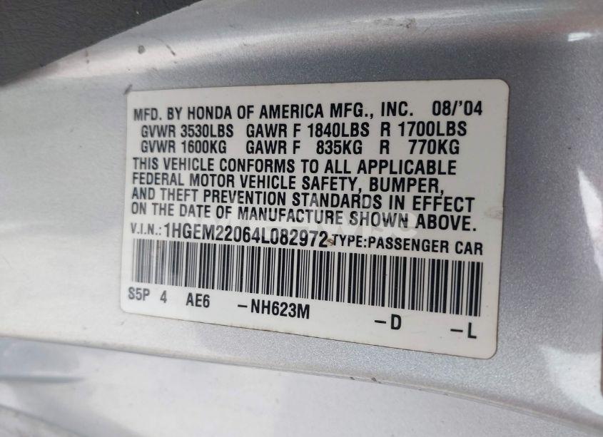 Photo 9 of 2004 Honda Civic EX (VIN 1HGEM22064L082972)