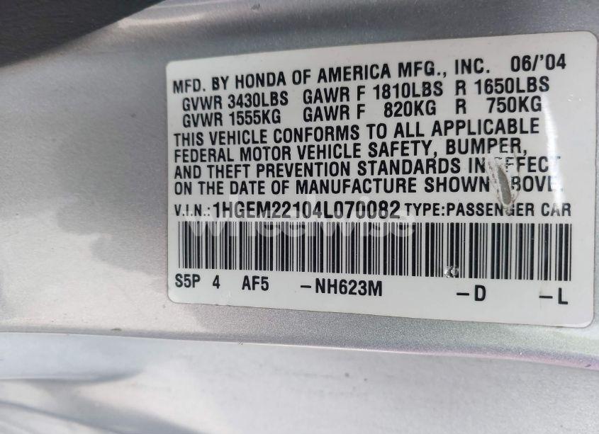Photo 9 of 2004 Honda Civic VP (VIN 1HGEM22104L070082)
