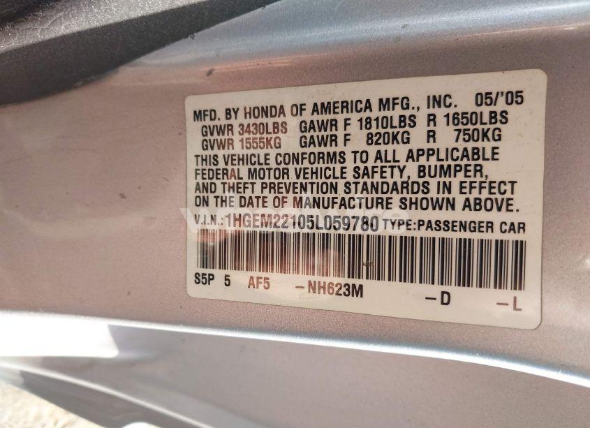 Photo 9 of 2005 Honda Civic VP (VIN 1HGEM22105L059780)